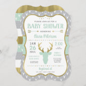 ウッドランド赤ちゃんシャワー招待状、ミント、グレー、金ゴールド 招待状 (正面/裏面)
