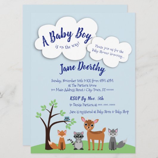 ウッドランド赤ちゃんシャワー招待状 – 森林動物 招待状 (正面/裏面)