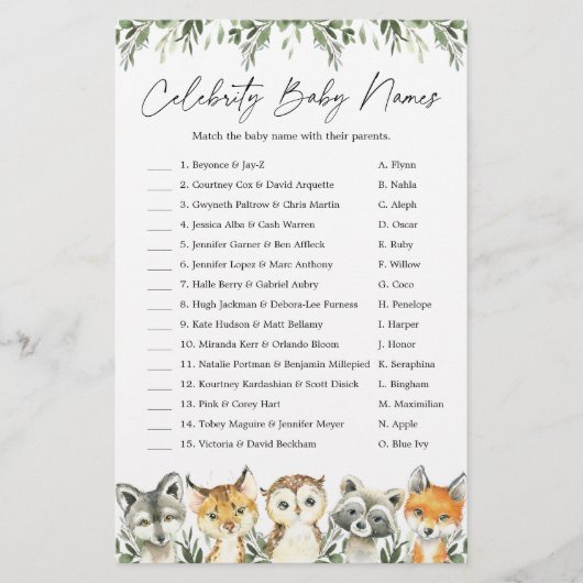 ウッドランド赤ちゃんシャワー有名人赤ちゃんネームゲーム (正面)