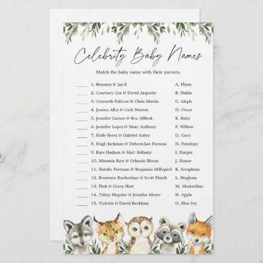 ウッドランド赤ちゃんシャワー有名人赤ちゃんネームゲーム (正面/裏面)