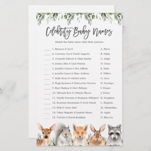 ウッドランド赤ちゃんシャワー有名人赤ちゃんネームゲーム (正面/裏面)