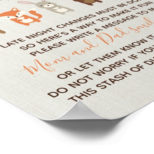 ウッドランド赤ちゃんシャワー深夜おむつサイン ポスター (角)