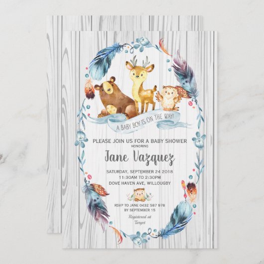 ウッドランド赤ちゃんシャワー男の子ボホ森林動物 招待状 (正面/裏面)