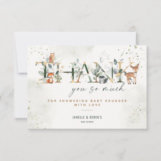 ウッドランド赤ちゃんシャワー緑ありがとうノートカード サンキューカード (正面)