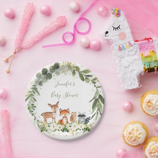 ウッドランド赤ちゃんシャワー緑の森林動物 ペーパープレート (パーティー)