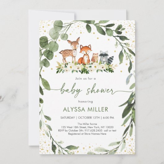 ウッドランド赤ちゃんシャワー緑の森林動物 招待状 (正面)