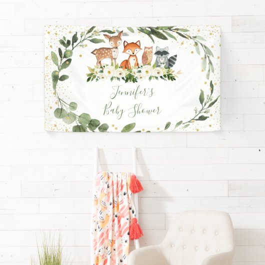 ウッドランド赤ちゃんシャワー緑の森林動物 横断幕 (インサイチュ)