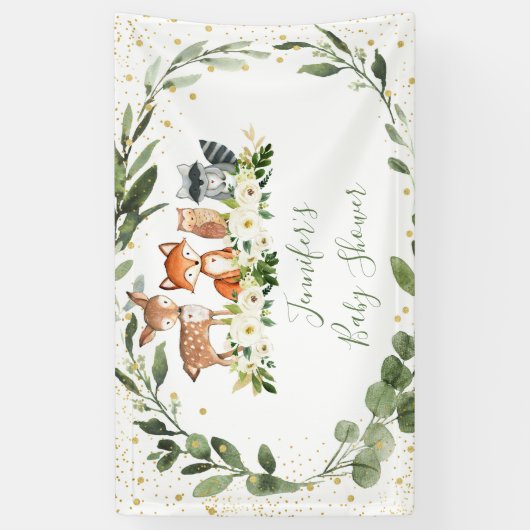 ウッドランド赤ちゃんシャワー緑の森林動物 横断幕 (縦)