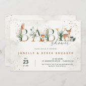 ウッドランド赤ちゃんシャワー緑 招待状 (正面/裏面)