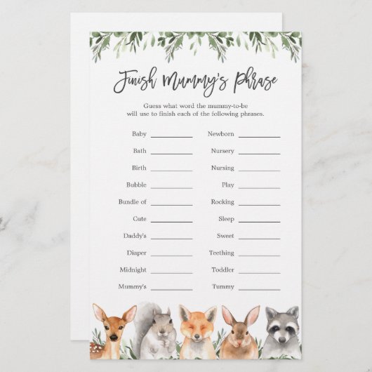 ウッドランド赤ちゃんシャワーMummyのフレーズゲームを終了 (正面/裏面)