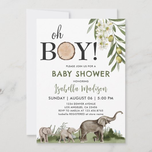 ウッドランド赤ちゃんシャワーOhボーイウォーター色 招待状 (正面)