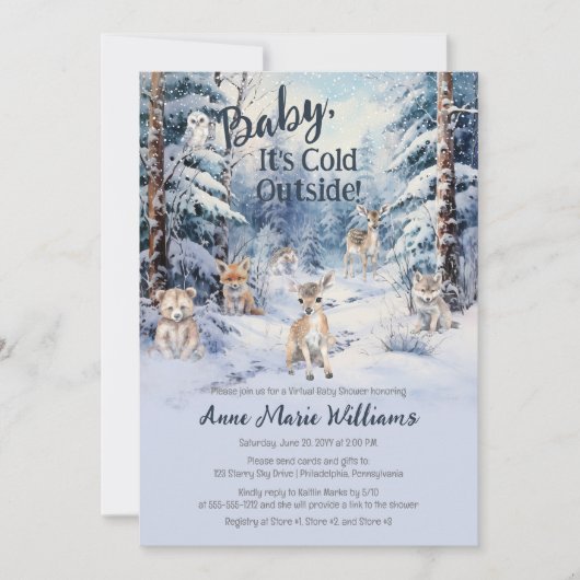 ウッドランド赤ちゃん動物の冬の仮想ベビーシャワー 招待状 (正面)