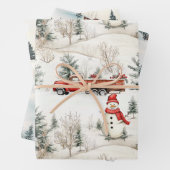 ウッドランド赤と白雪だるまとトラッククリスマス ラッピングペーパーシート (インサイチュ)