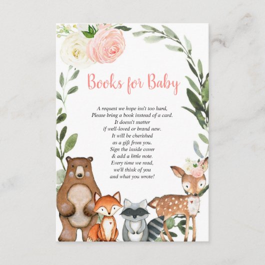 ウッドランド赤面ピンクブックリクエスト女の子の赤ちゃんシャワー エンクロージャーカード (正面)