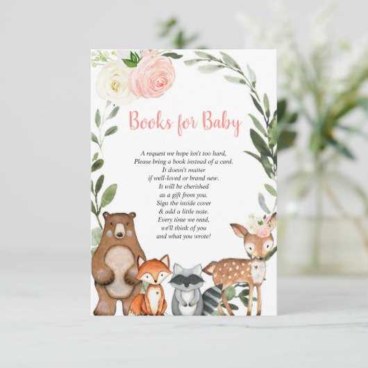 ウッドランド赤面ピンクブックリクエスト女の子の赤ちゃんシャワー エンクロージャーカード (スタンド正面)