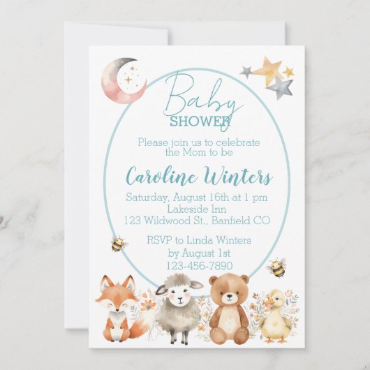 ウッドランド野生生物（青）赤ちゃんシャワー 招待状 (正面)