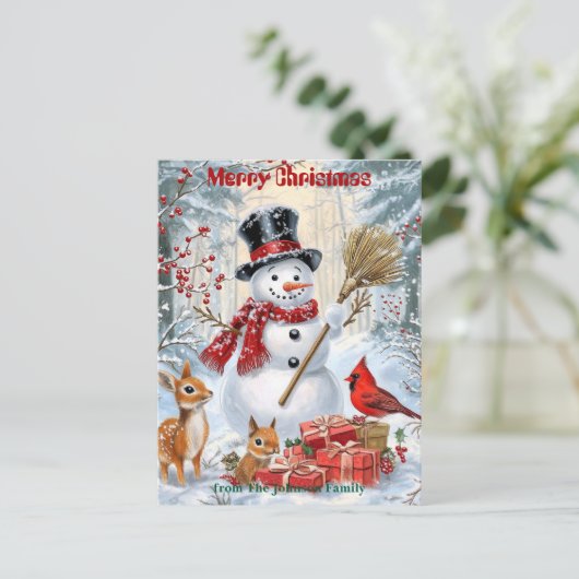 ウッドランド雪だるま | 家族のパーソナライズされたクリスマス インビテーションポストカード (スタンド正面)