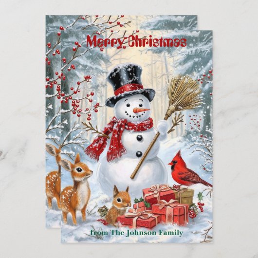 ウッドランド雪だるま | 家族のパーソナライズされたクリスマス シーズンカード (正面/裏面)