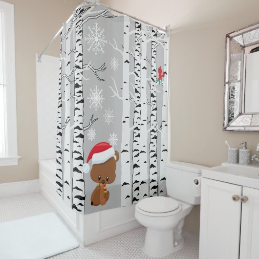 ウッドランド雪の鳥のかわいい茶色のクマ（鳥）ショウジョウコウカンチョウ シャワーカーテン (インサイチュ)