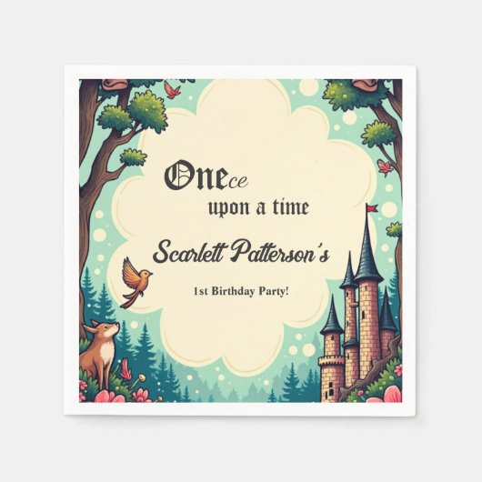 ウッドランド魅惑の森おとぎ話1歳の誕生日 スタンダードカクテルナプキン (正面)