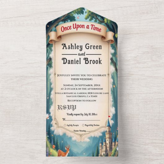 ウッドランド魅惑の森の城フェアリータ結婚ーレ オールインワン招待状 (内側)