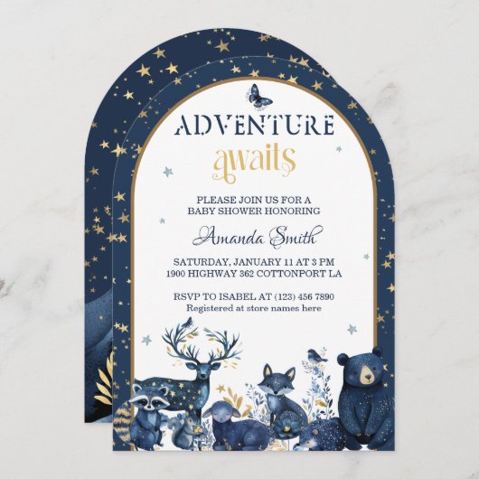 ウッドランド魔法ナイトアニマルアドベンチャーベビーシャワー 招待状 (正面/裏面)