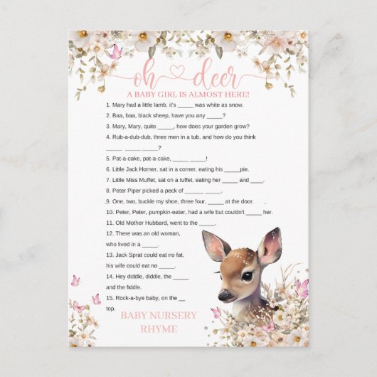 ウッドランド鹿の赤ちゃんシャワーゲーム ポストカード (正面)