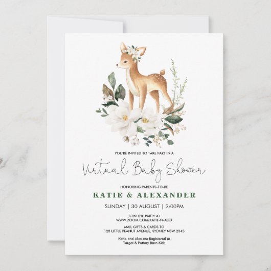 ウッドランド鹿アイボリーフローラバーチャル赤ちゃんシャワー 招待状 (正面)