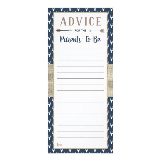 ウッドランド鹿アドバイスカード、ベビーシャワー、バーラップ ラックカード (正面)