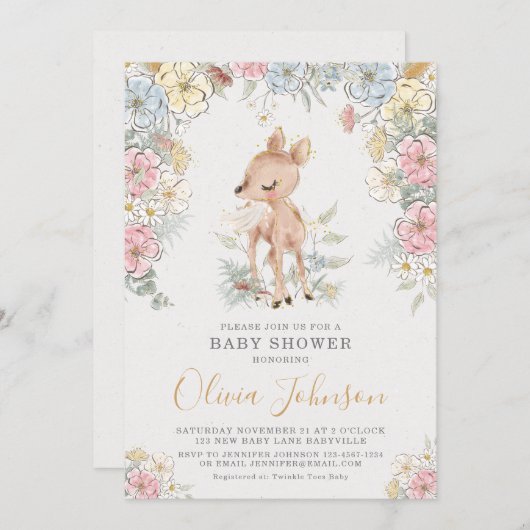 ウッドランド鹿フローラ赤ちゃんシャワー 招待状 (正面/裏面)