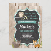 ウッドランド1歳の誕生日招待状の少年 招待状 (正面/裏面)