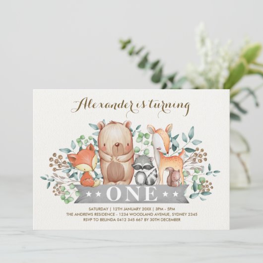 ウッドランド1歳の誕生日|森林お洒落動物 招待状 (スタンド正面)