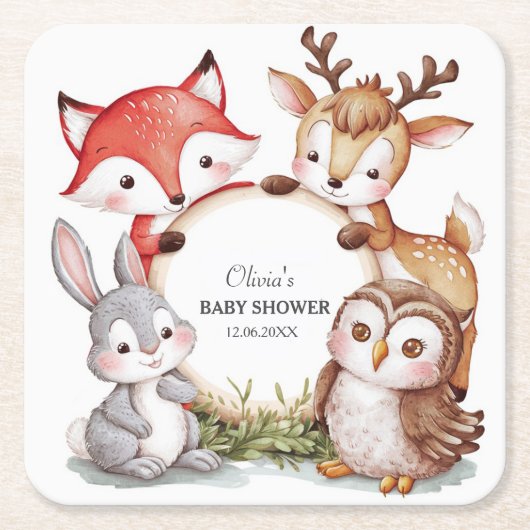 ウッドランド・アニマルズかわいい赤ちゃんシャワー スクエアペーパーコースター (正面)