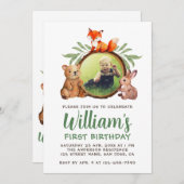 ウッドランド・アニマルズ写真第1回バースデーキツネベアバニー 招待状 (正面/裏面)