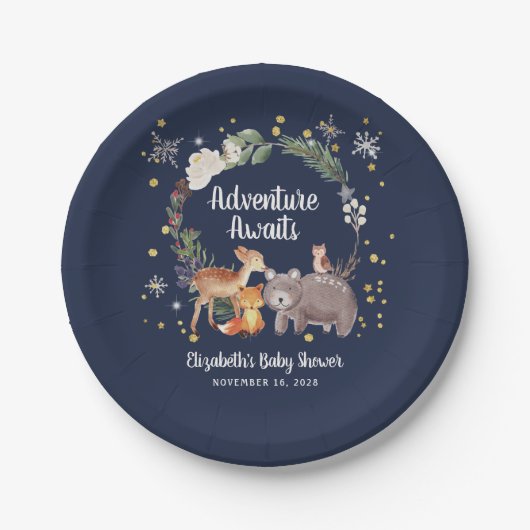 ウッドランド・アニマルズ冬の赤ちゃんシャワー ペーパープレート (正面)
