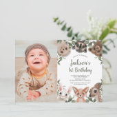 ウッドランド・アニマルズ少年1st誕生日の写真 招待状 (スタンド正面)
