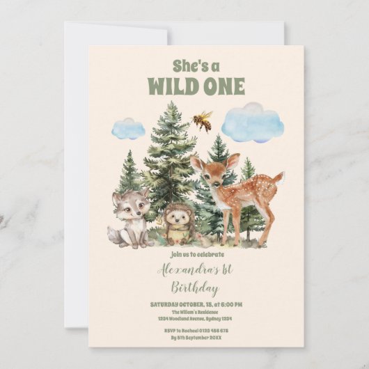 ウッドランド・アニマルズ彼は野生の一歳の誕生日 招待状 (正面)
