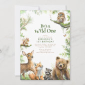 ウッドランド・アニマルズ彼は野生の一歳の誕生日 招待状 (正面)