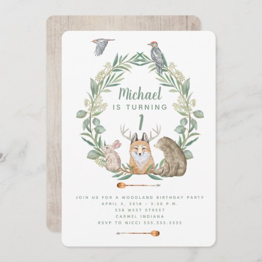 ウッドランド・アニマルズ生誕祭パーティーへの招待 招待状 (正面/裏面)