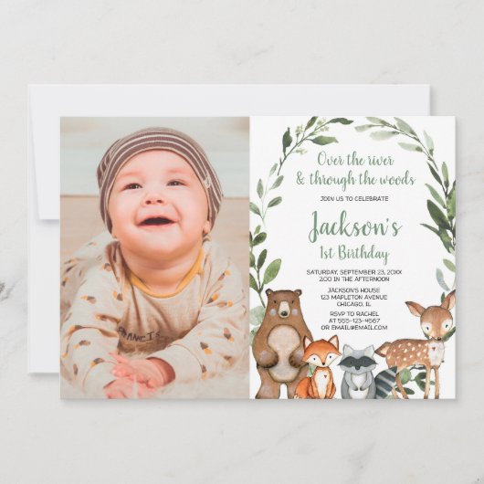 ウッドランド・アニマルズ男の子の女の子の最初の1歳の誕生日の写真 招待状 (正面)