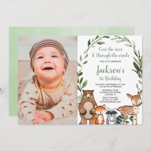 ウッドランド・アニマルズ男の子の女の子の最初の1歳の誕生日の写真 招待状 (正面/裏面)