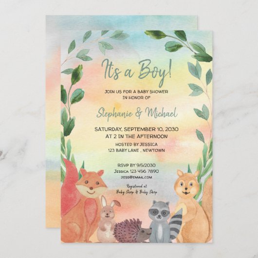 ウッドランド・アニマルズ男の子カップルの赤ちゃんシャワー 招待状 (正面/裏面)