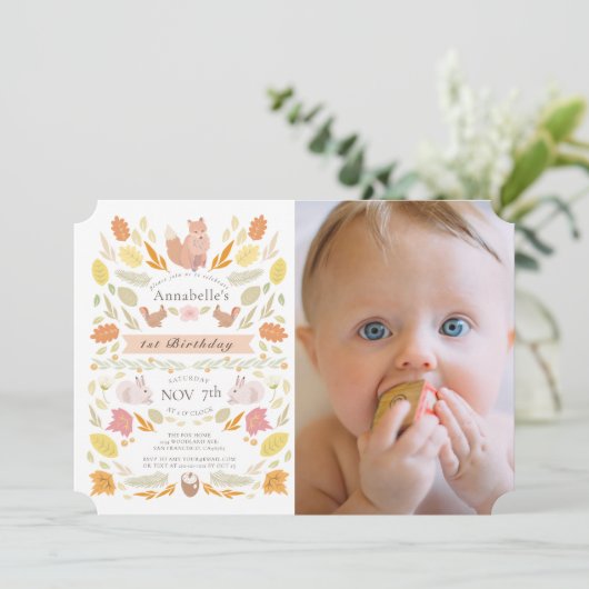 ウッドランド・アニマルズ秋の葉写真第1回誕生日 招待状 (スタンド正面)