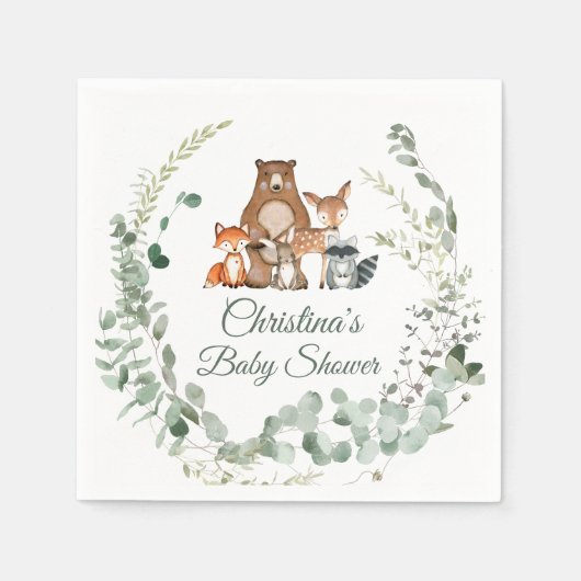 ウッドランド・アニマルズ緑の赤ちゃんシャワー スタンダードカクテルナプキン (正面)