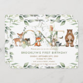 ウッドランド・アニマルズ緑1歳の誕生日ワイルドワン 招待状 (正面/裏面)