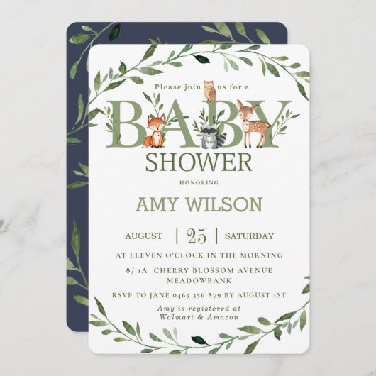 ウッドランド・アニマルズ赤ちゃんシャワーお洒落緑 招待状 (正面/裏面)