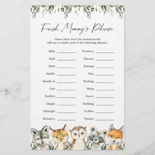 ウッドランド・アニマルズ赤ちゃんシャワーがママのフレーズを終える (正面)