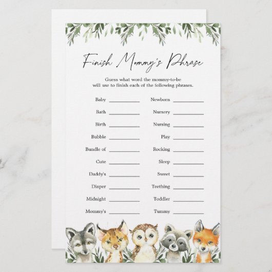 ウッドランド・アニマルズ赤ちゃんシャワーがママのフレーズを終える (正面/裏面)