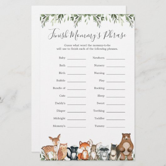 ウッドランド・アニマルズ赤ちゃんシャワーがママのフレーズを終える (正面/裏面)