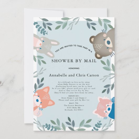 ウッドランド・アニマルズ青い男の子の赤ちゃんシャワー(郵便) 招待状 (正面)
